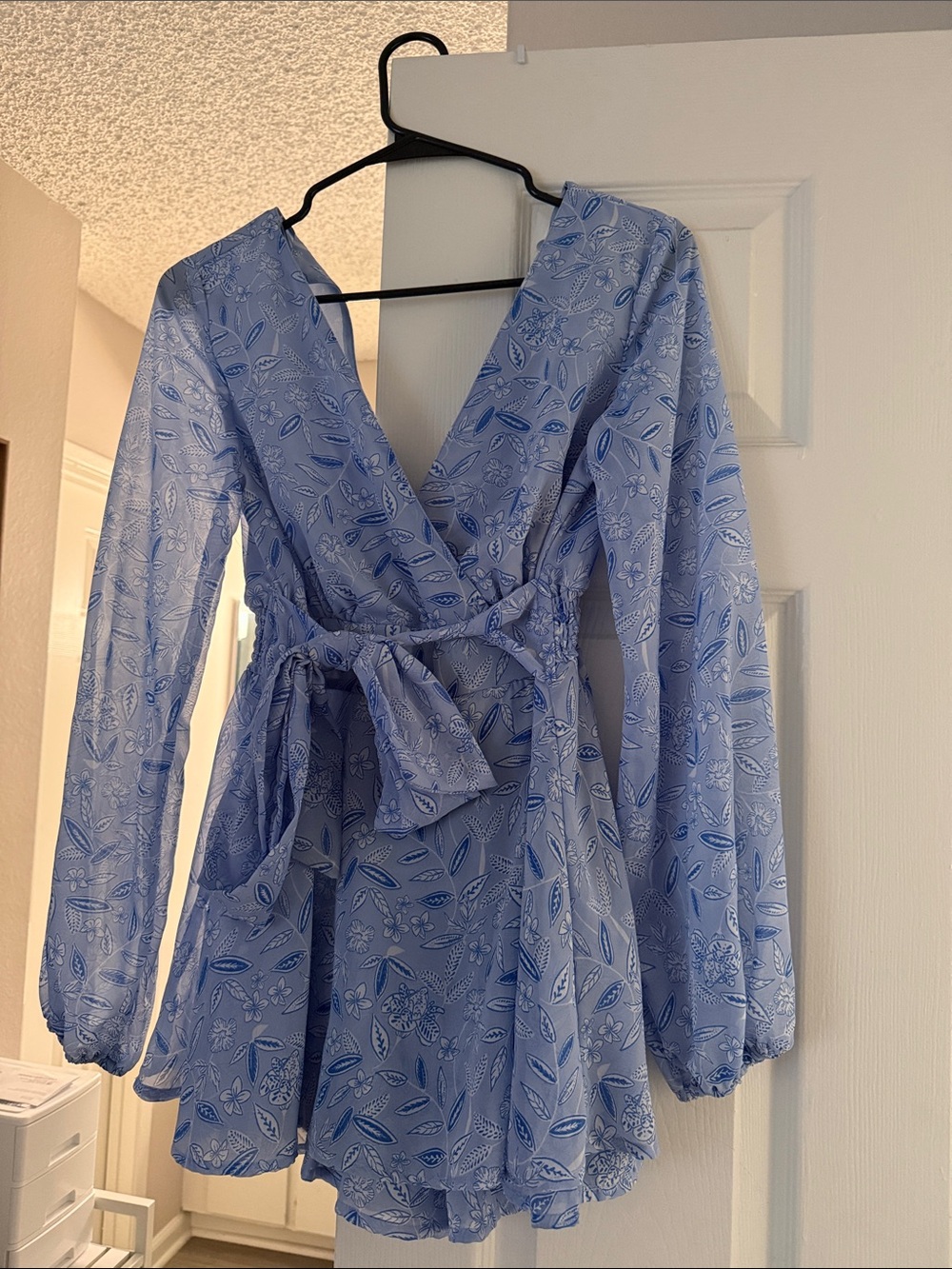 Light Blue Floral Wrap Dress with Tie Waist